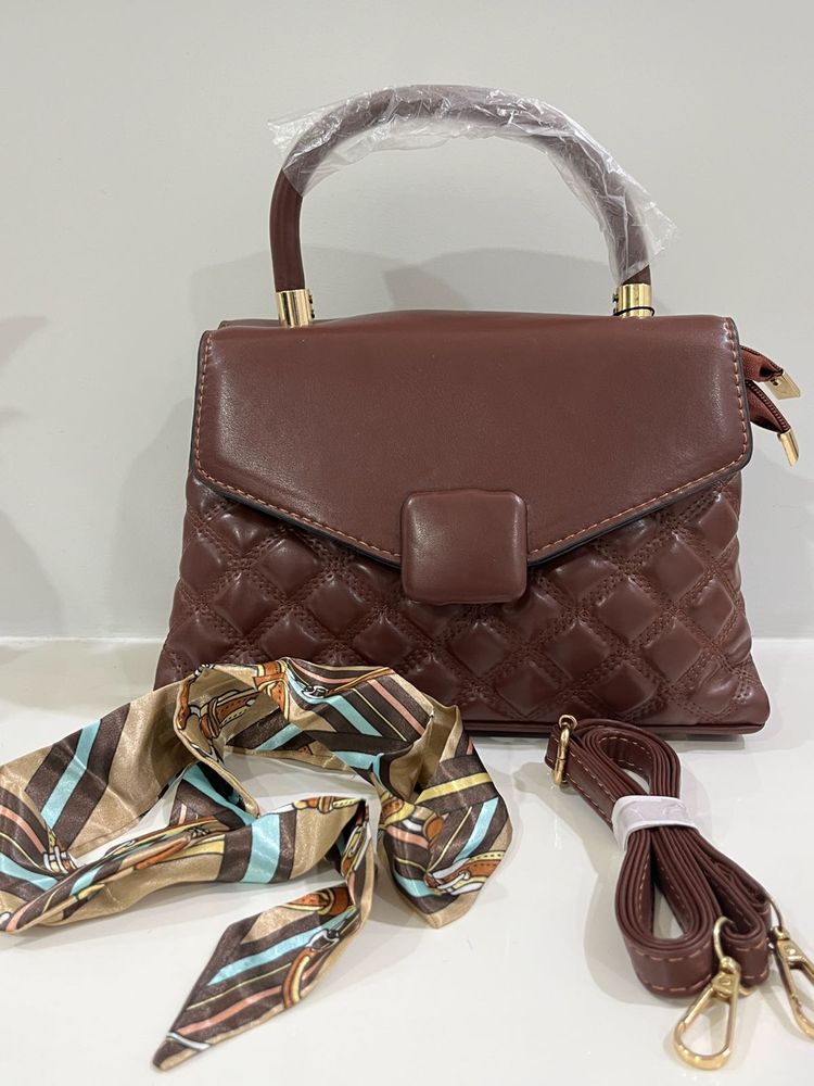 Maroon Quilted Top Handle Bag with Scarf