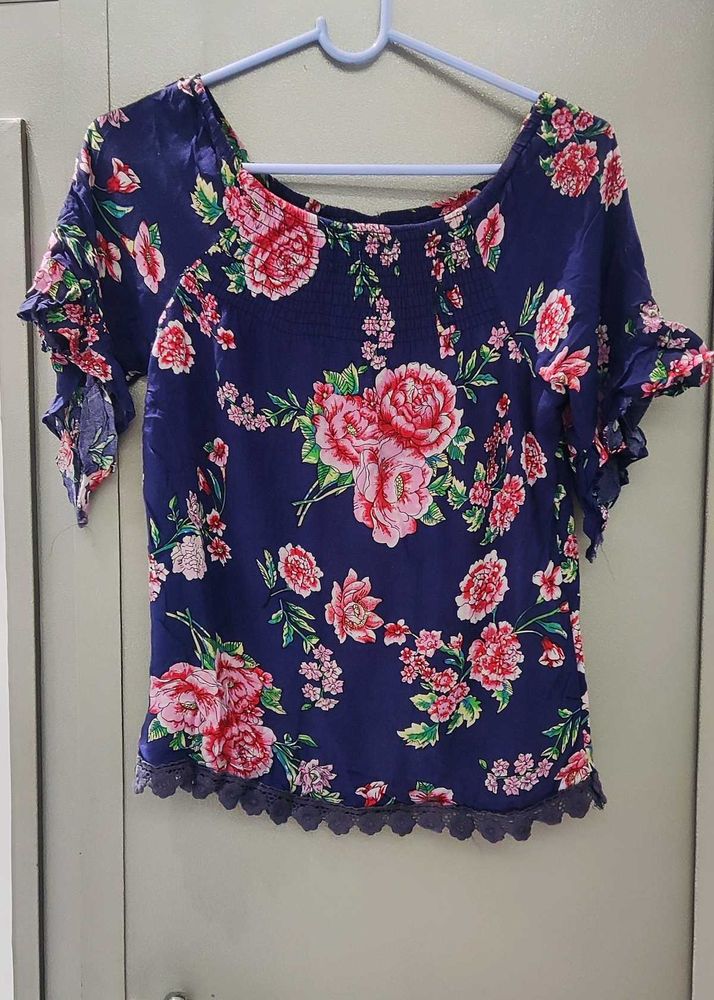 Women&#39;s Navy Blue Floral Off shoulder Top