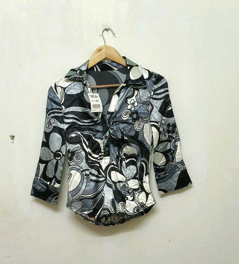 Abstract Floral Print Button-Up Top