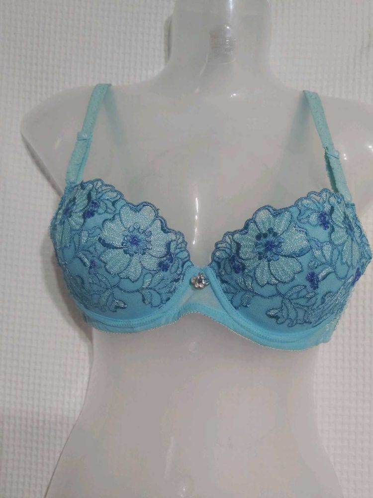 Blue Floral Embroidered Bra