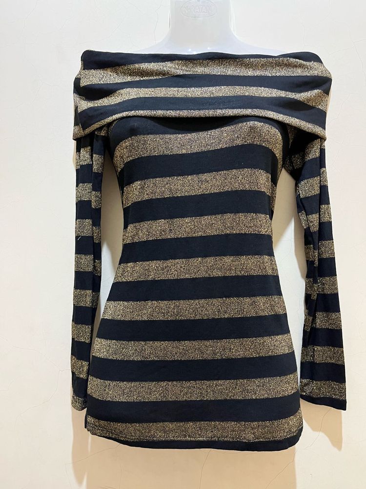 black, long-sleeved, off-the-shoulder top