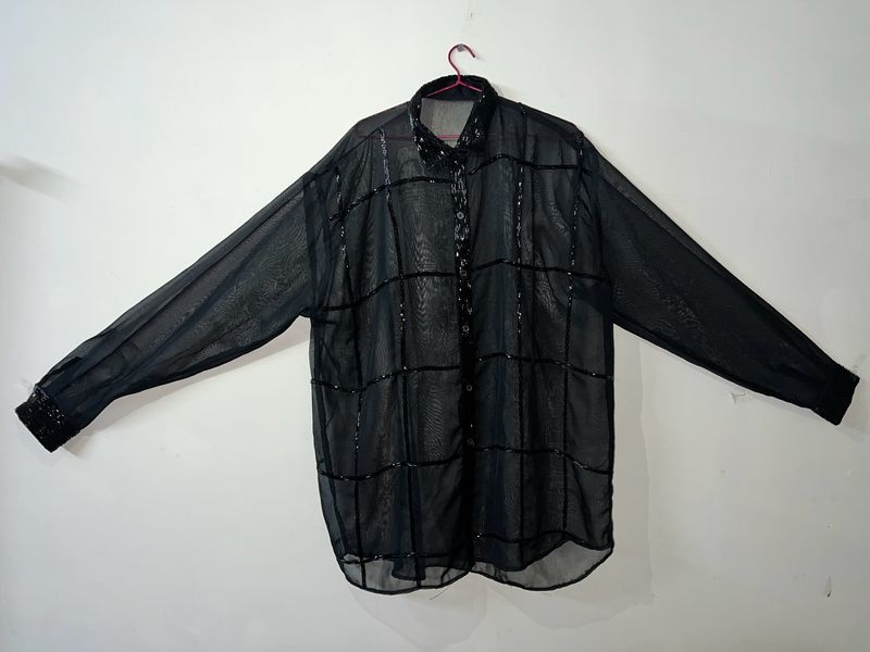Black Transparent Shirt With Heavy Bead Work
