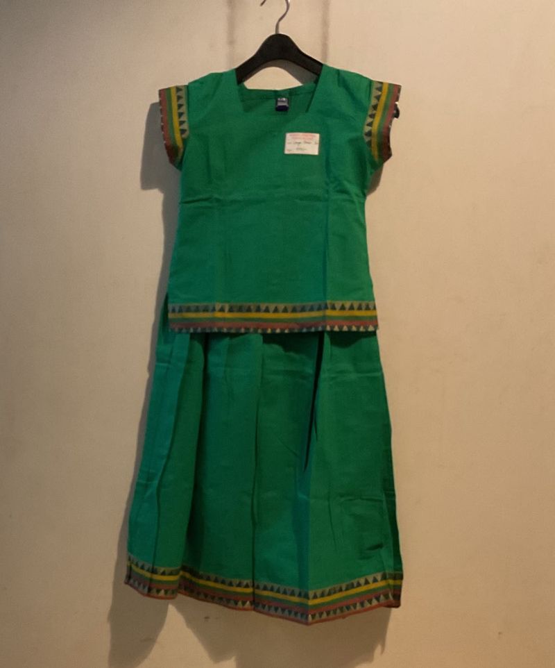 Green Cotton Skirt Blouse For Girls