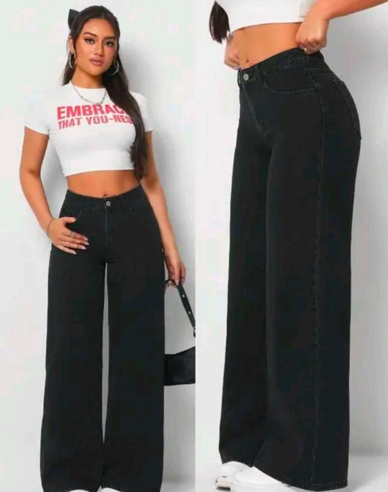 Wide Leg Black Denim Jeans