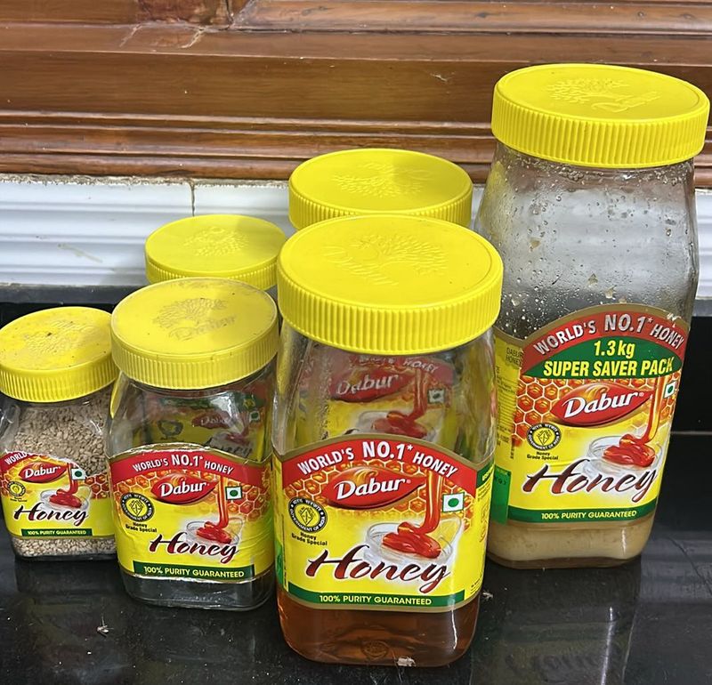 Set Of 7 Dabur Honey Empty Glass Jars With Lid