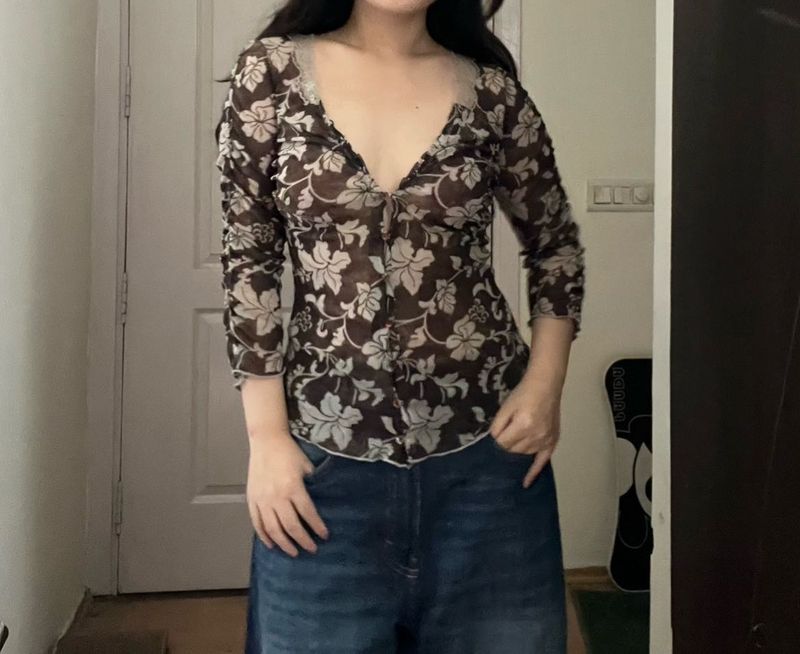 browm mesh top with lace detailing