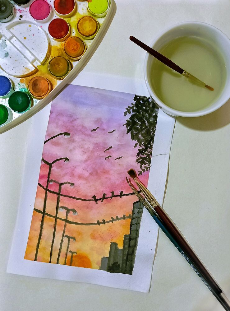 City Sunset Watercolor Painting * 100 Rs For A5 Size *