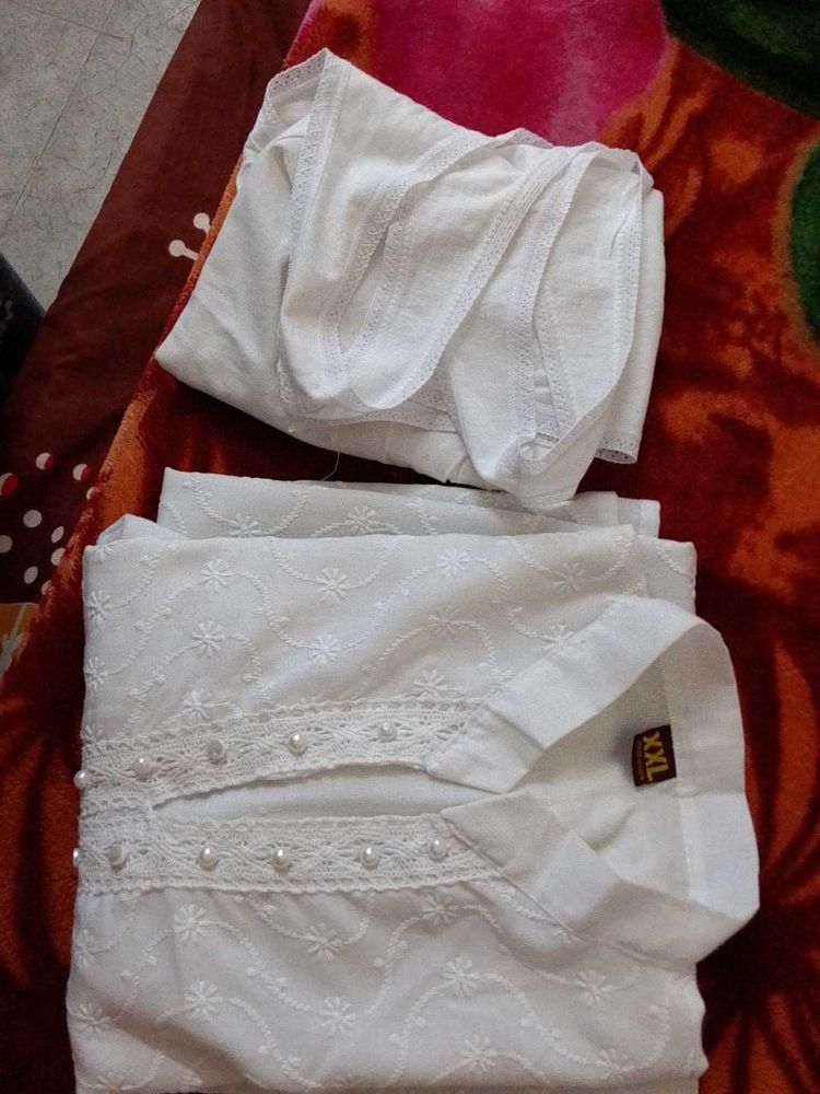 XXL White Chikan Kari Embroidered Kurti Set