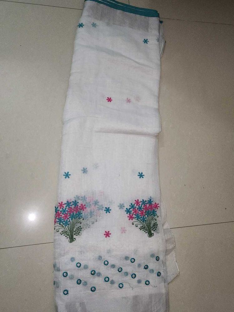 White Cotton  Linen Saree