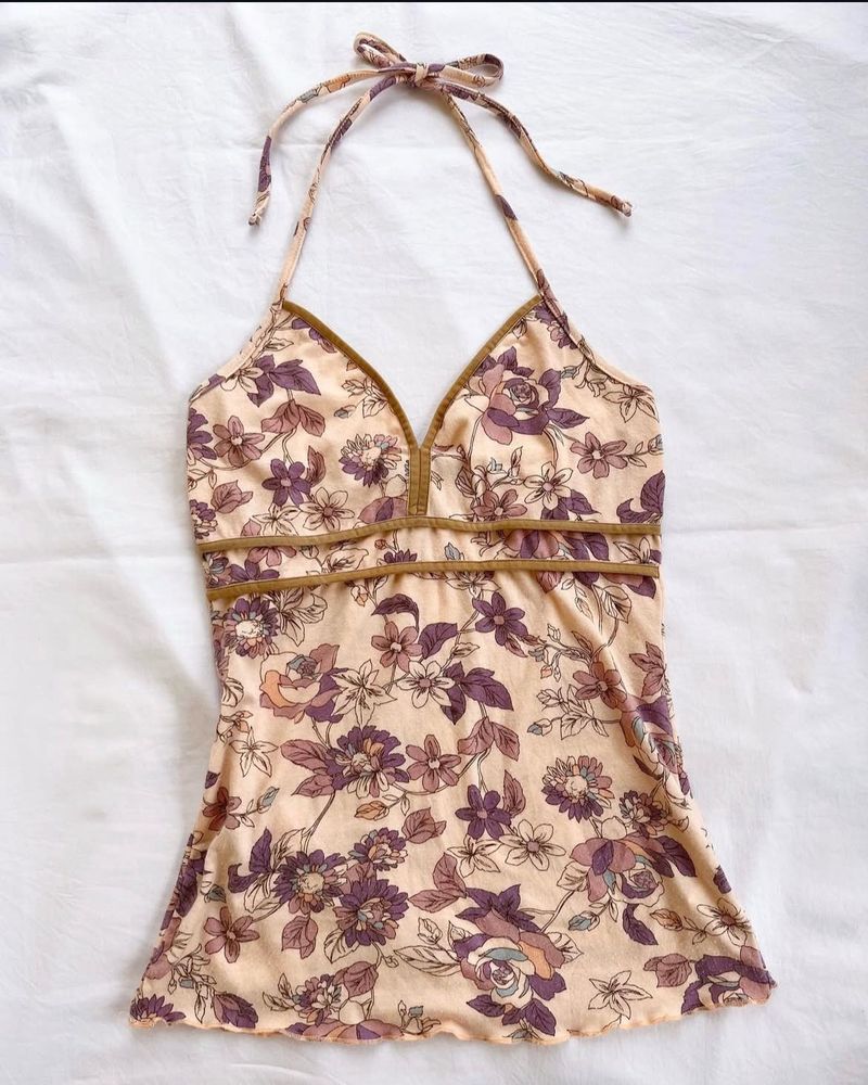 Vintage Y2K Floral Halter Top – Soft Blush &amp; Mauve