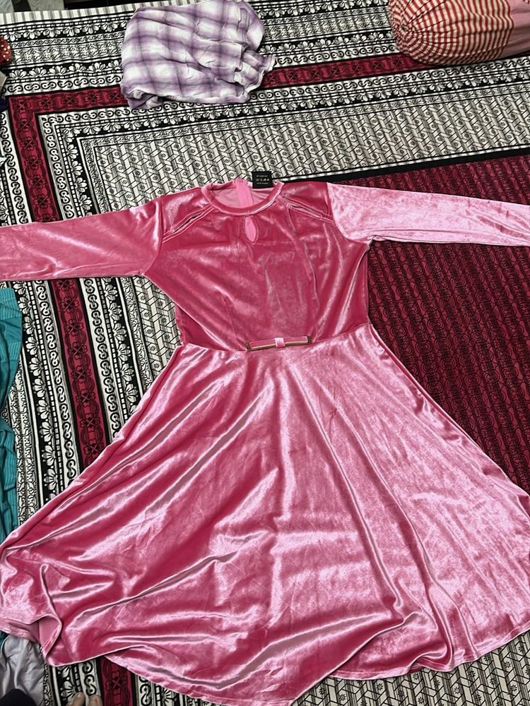 Pink Velvet Long Sleeve Dress