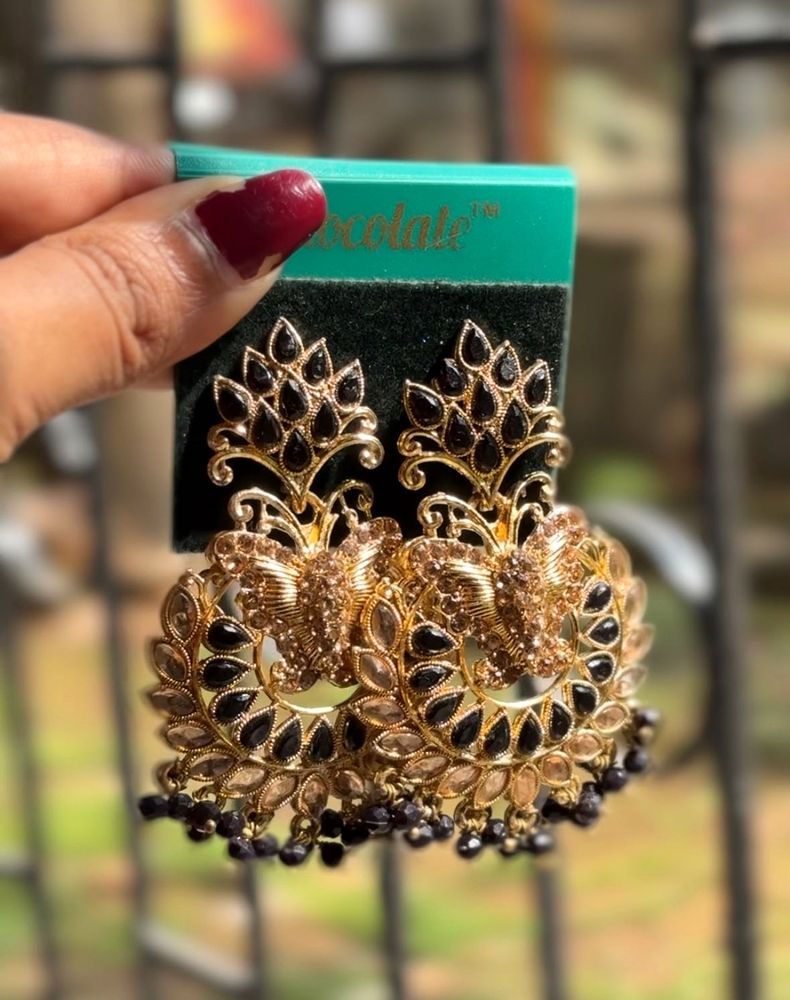 Statement Black &amp; Gold Jhumka Earrings
