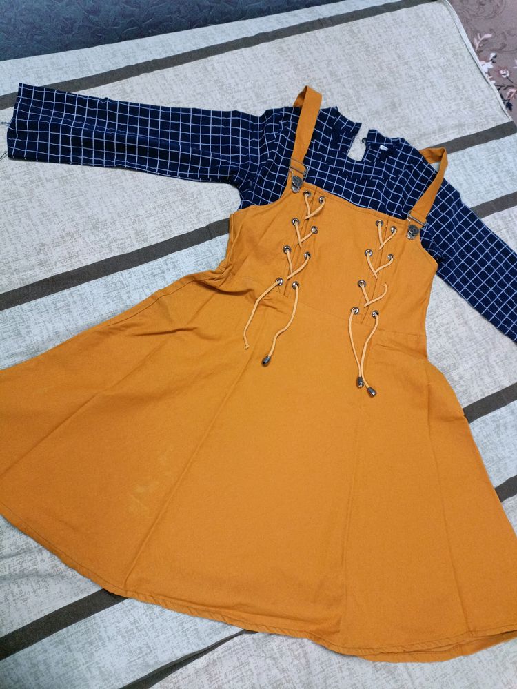 Mustard Yello One Piece With Blue Crop Top