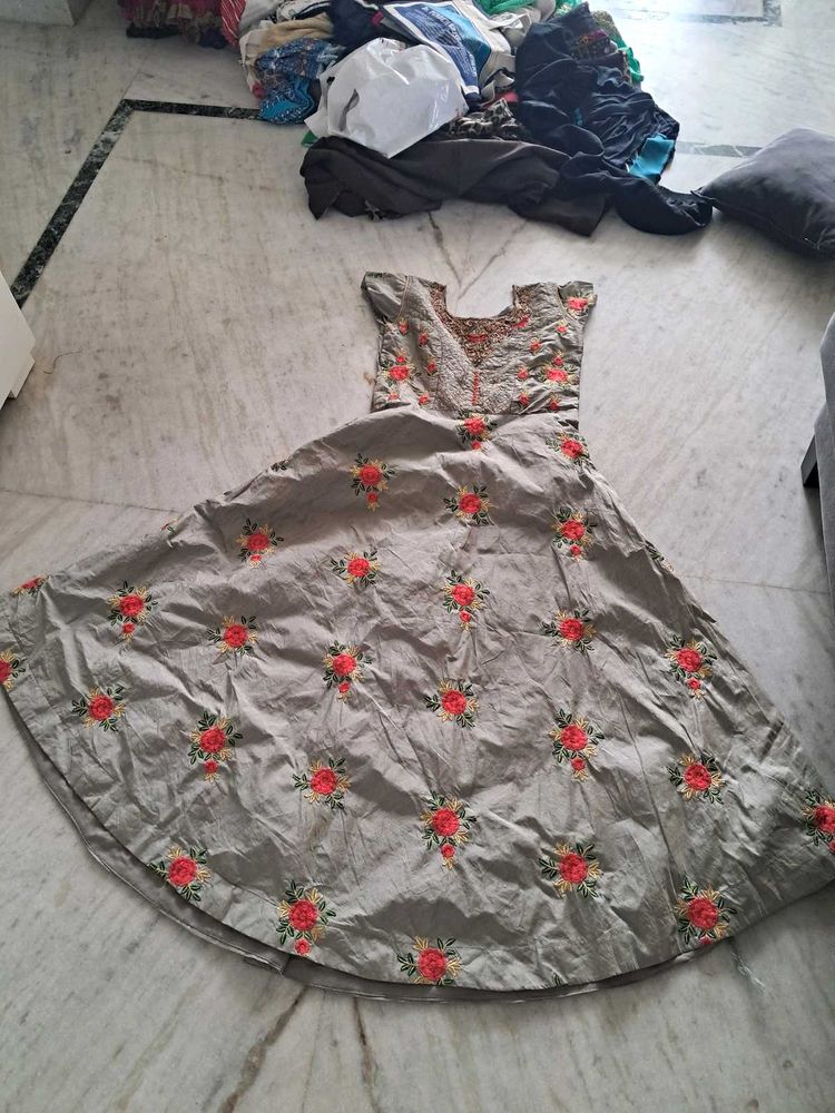 Floral Embroidered Grey Dress