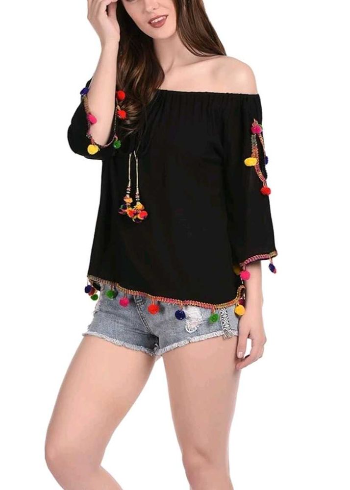 Black Off-Shoulder Pom-Pom Top✨️🌿💛✨️