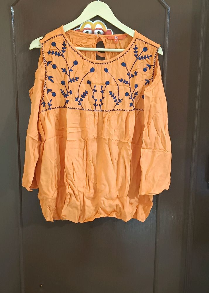 Orange Embroidered Cold Shoulder Top