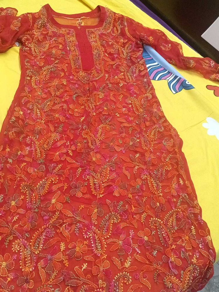Red chikan kurta
