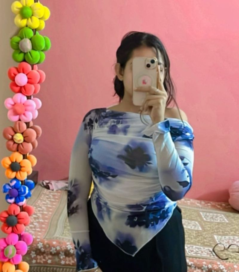 Blue Floral Mesh Top