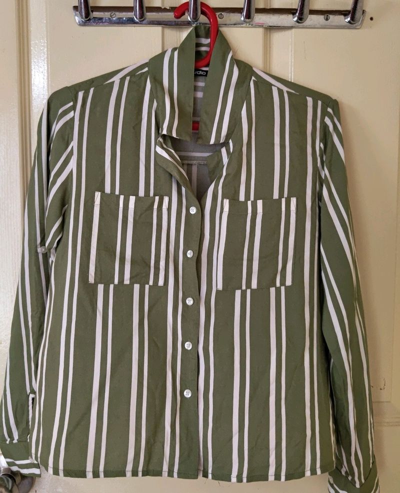 Olive Green White Striped  Shirt