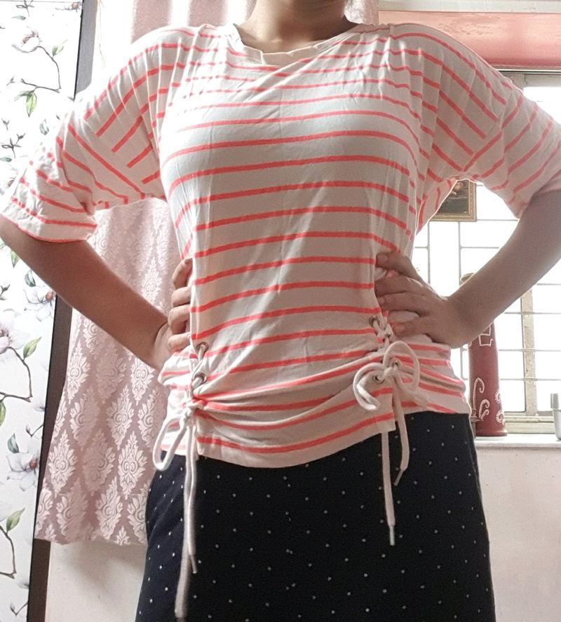 Whit And Neon Pink Stripes Casual Top With Cute Tie-up Laces. Cute Drop Shoulder Style