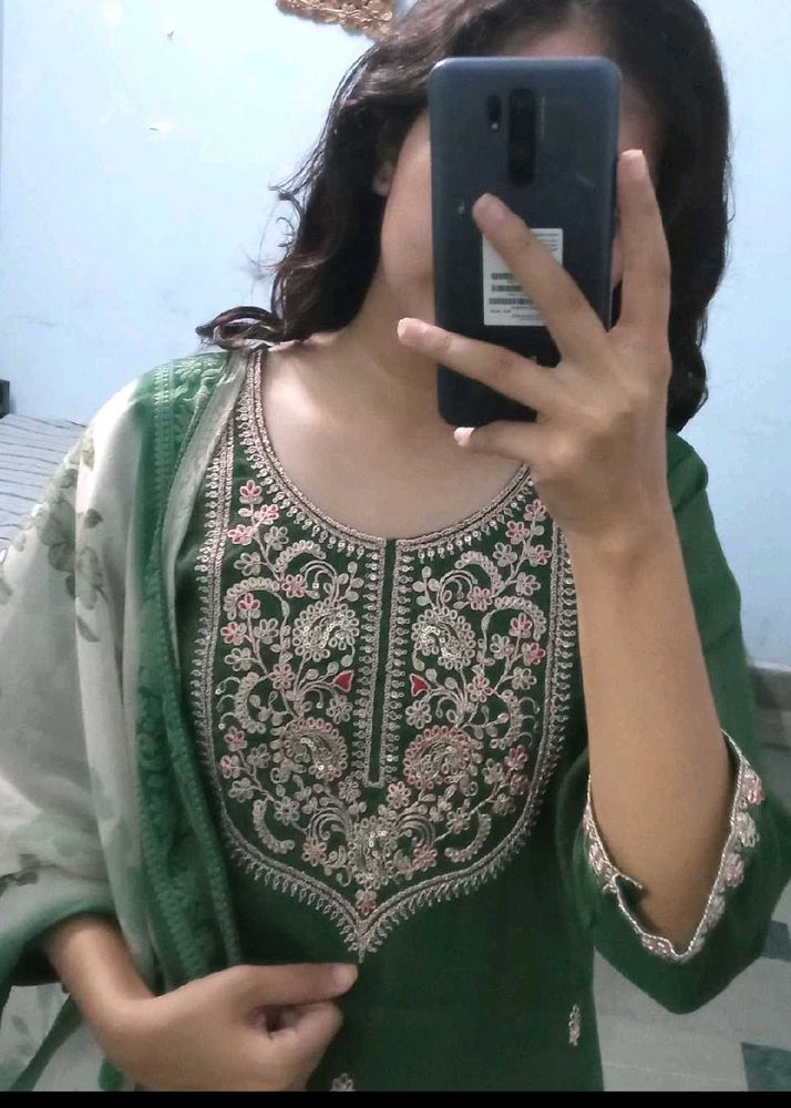 tissue  darkGreen Embroider kurta set xl wed