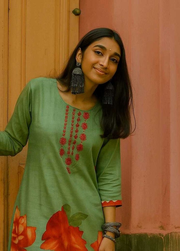 Olive Green Embroidered Kurti