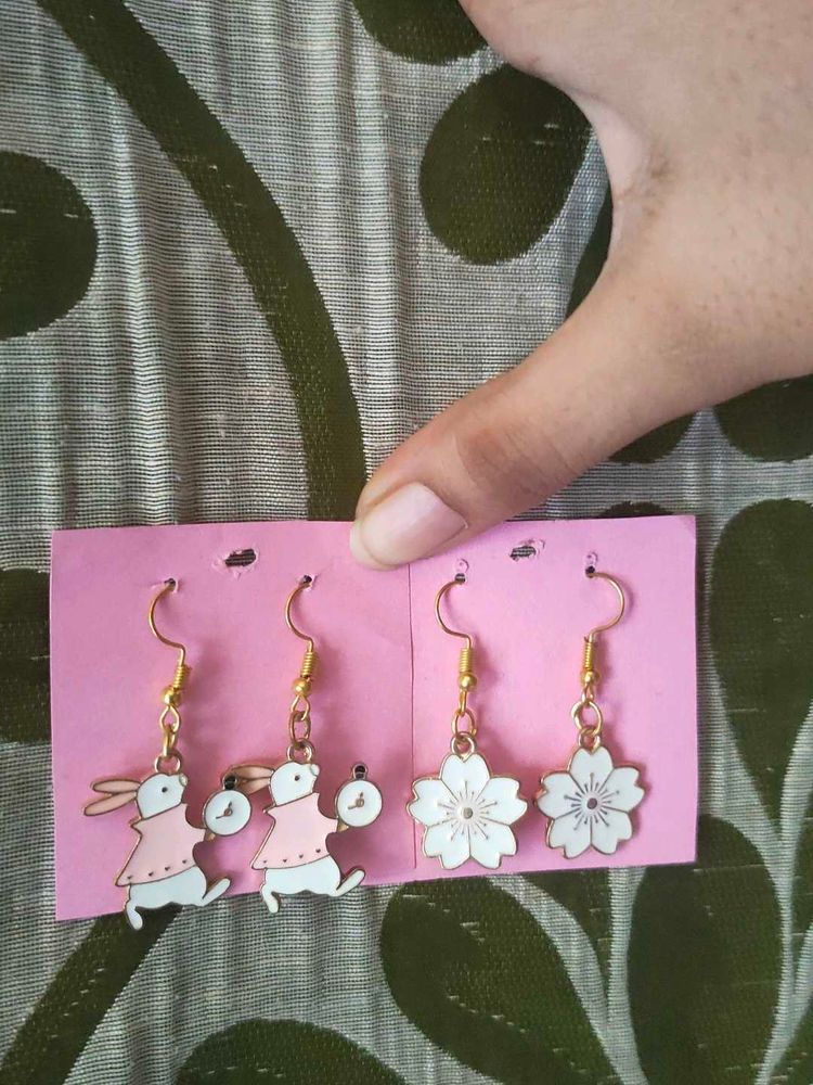 White Flower And Pink Rabbit Earings