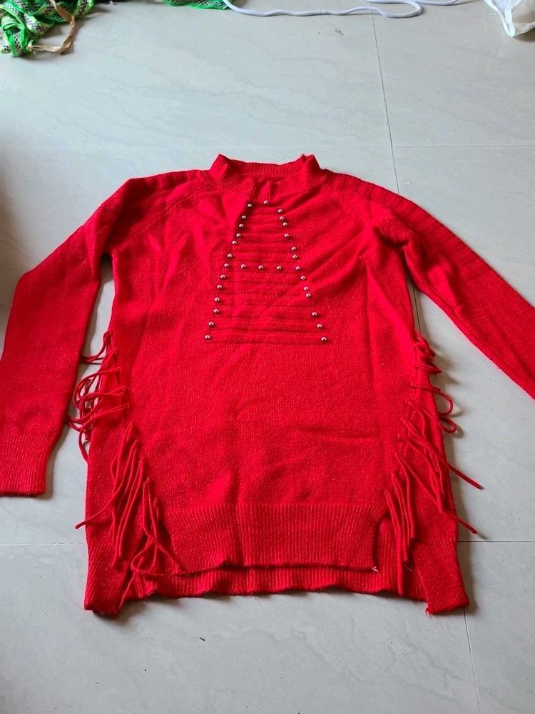 Red Fringe Sweater Top