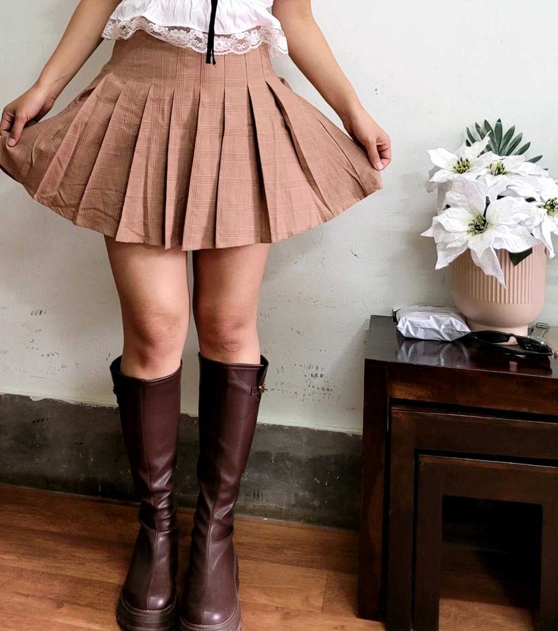 Brown Pleated Mini Skirt