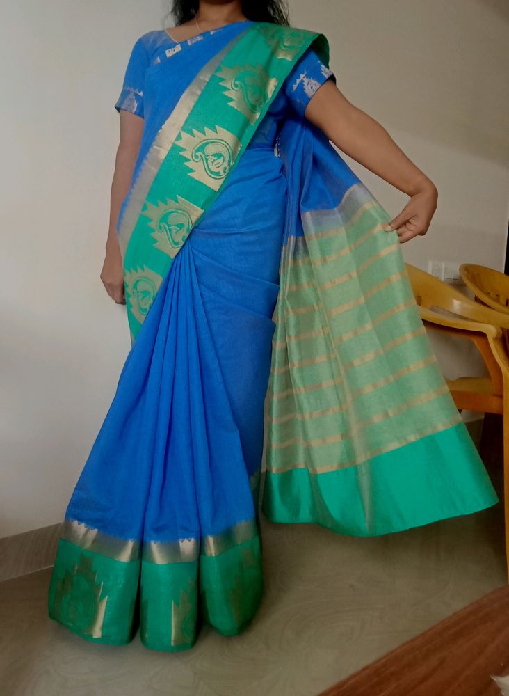Blue And Green Saree With Blouse