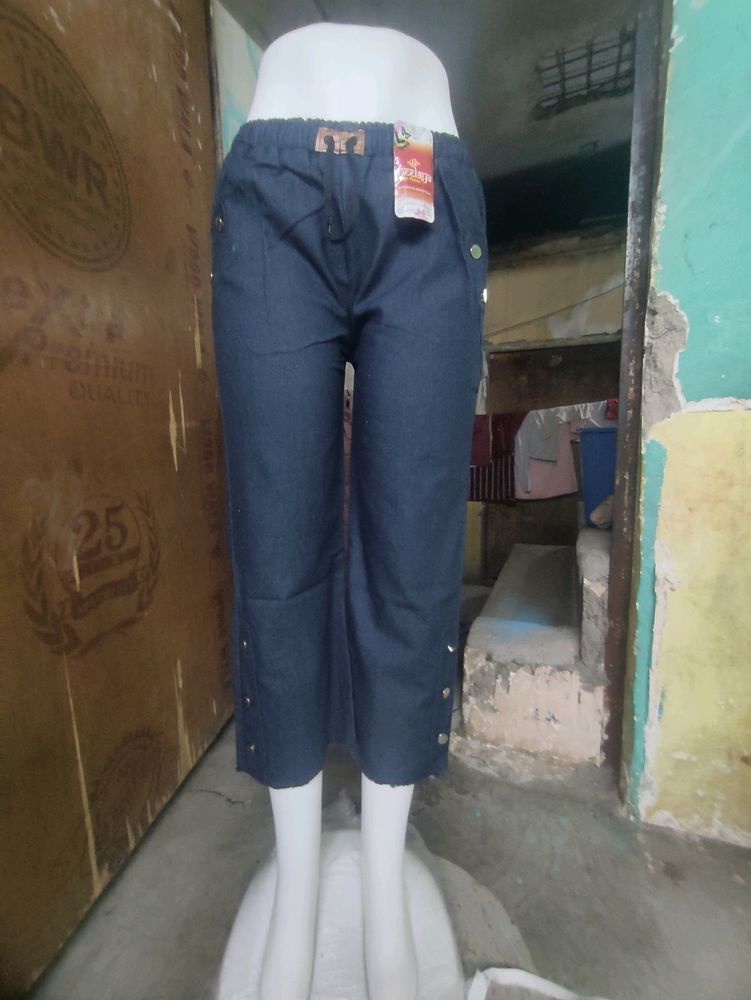 Dark Blue Cropped Pants with Button Detail