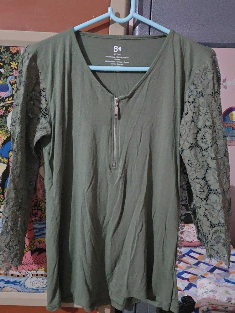 Olive Green Lace Sleeve Top