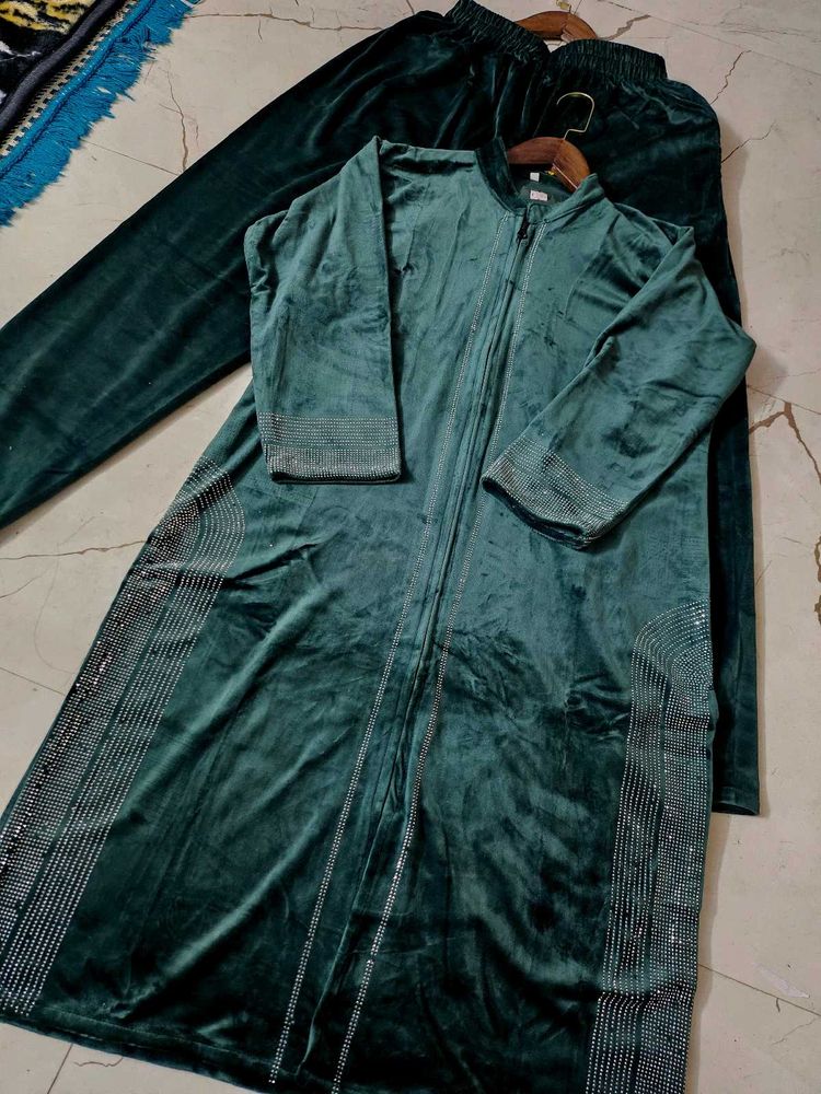 Green Velvet Kurta Set