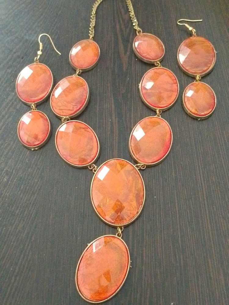 Orange Stone Necklace &amp; Earring Set