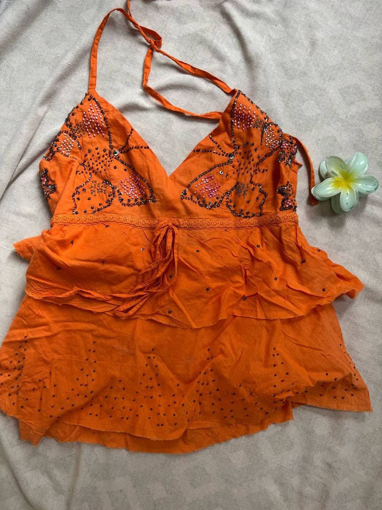 Orange Beaded Halter Top