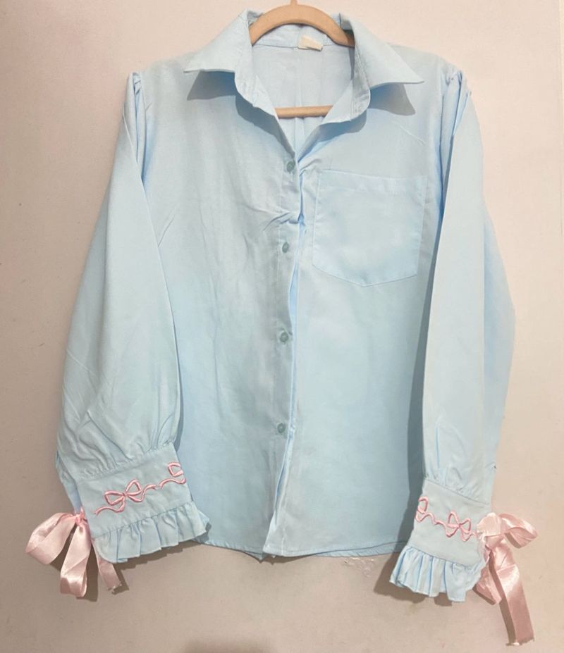 Imported Light Blue Bow Lantern-sleeve Shirt