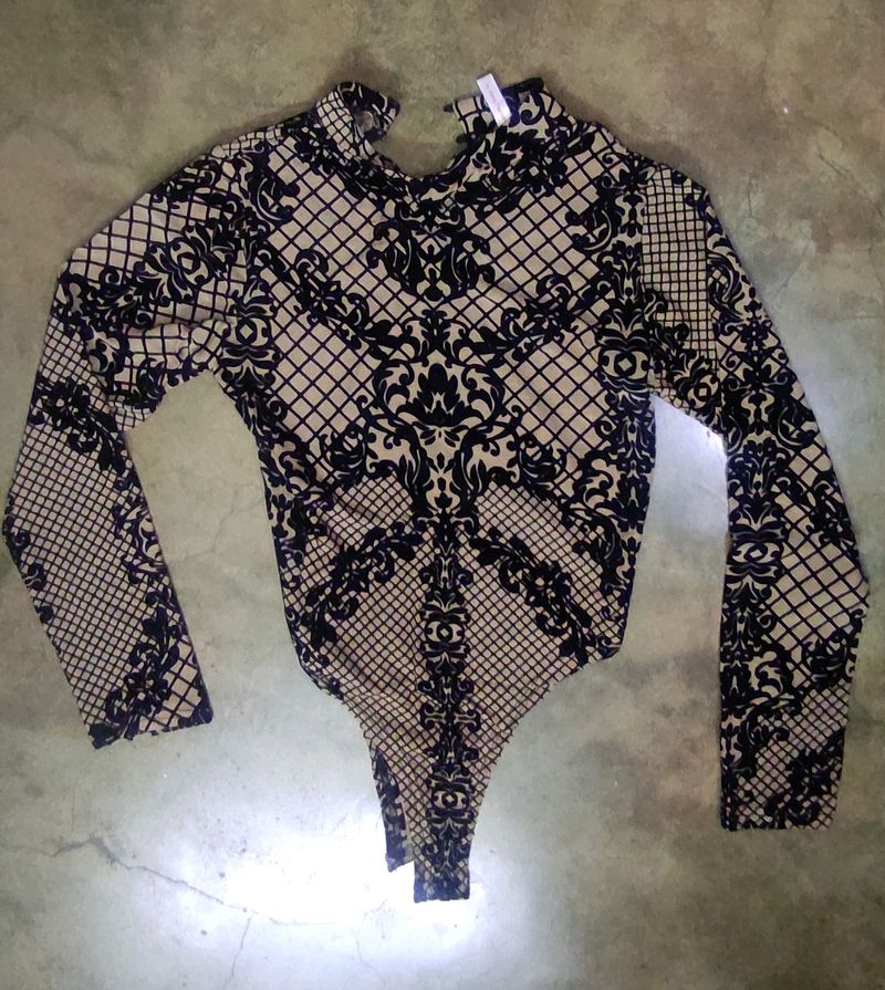 Viral Black and beige Floral Design Bodysuit