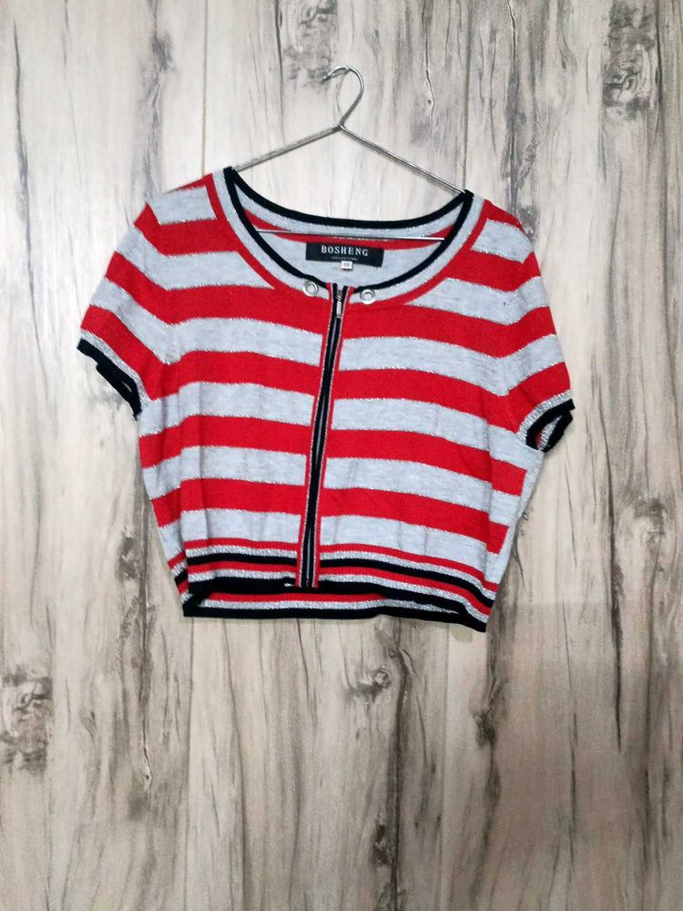 Striped Zip Front Short Sleeve Top
