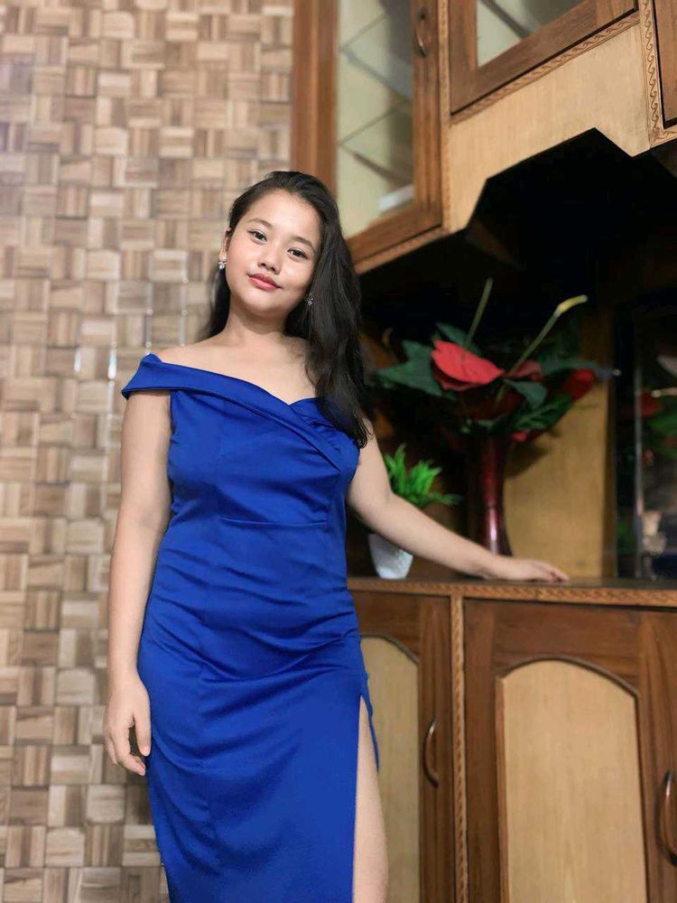 Royal Blue Off-Shoulder Slit Dress