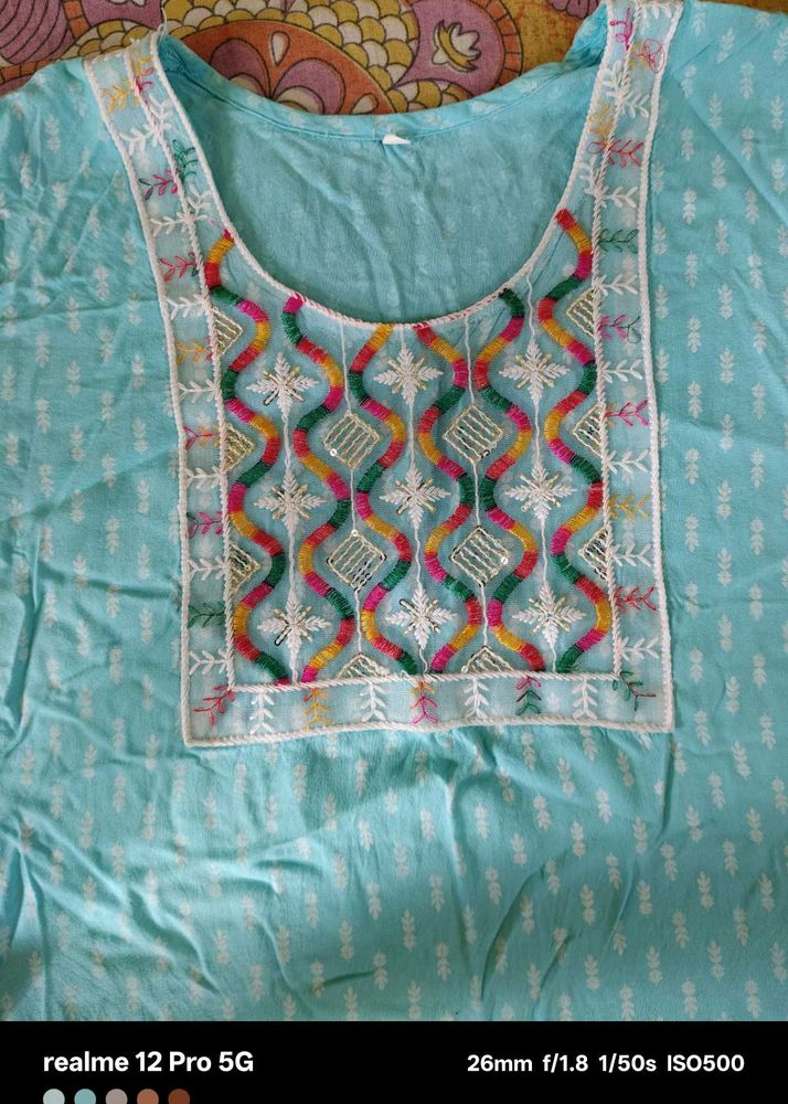Embroidered Kurti Top - Light Blue