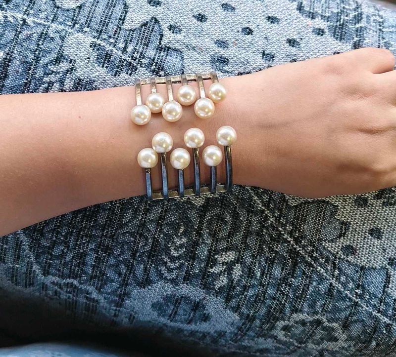 Anti Tarnish Dual Tone Pearl Cuff Bracelet