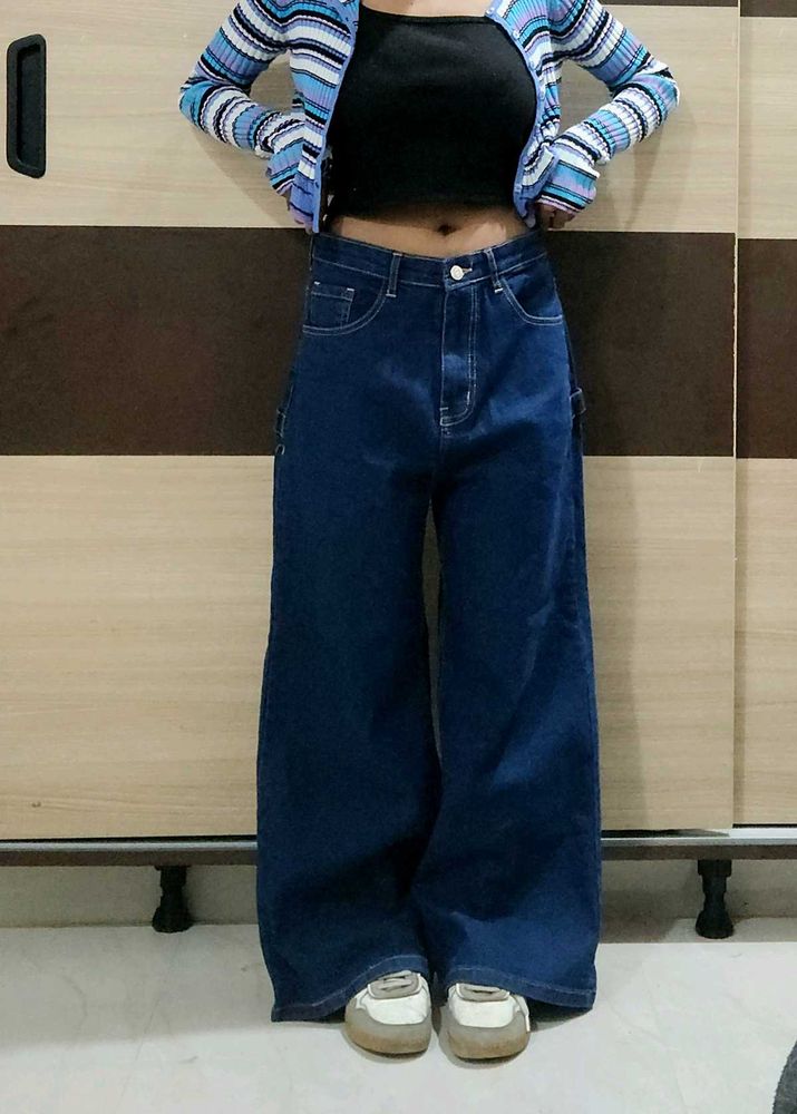 Dark Blue Wide-Leg High-Waist Jeans –