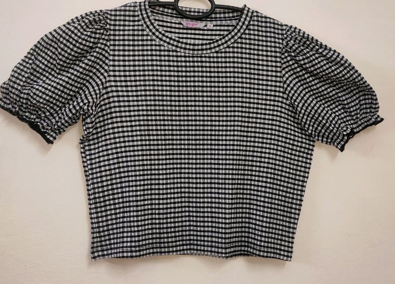 Fitted Black And White Checked Top