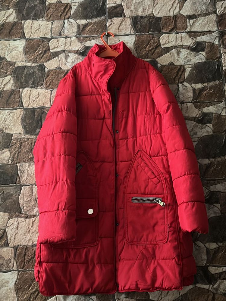Red Long Jacket With Detachable Cap