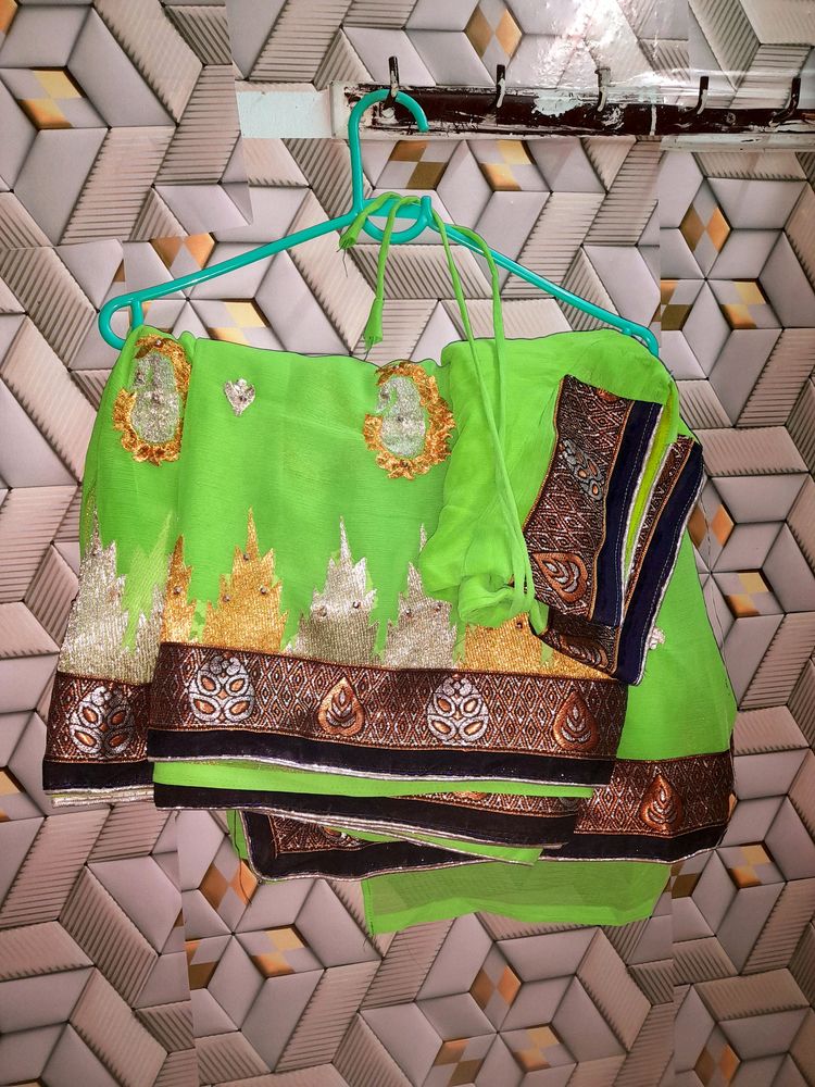 Green Embellished Saree With Stiched Blouse