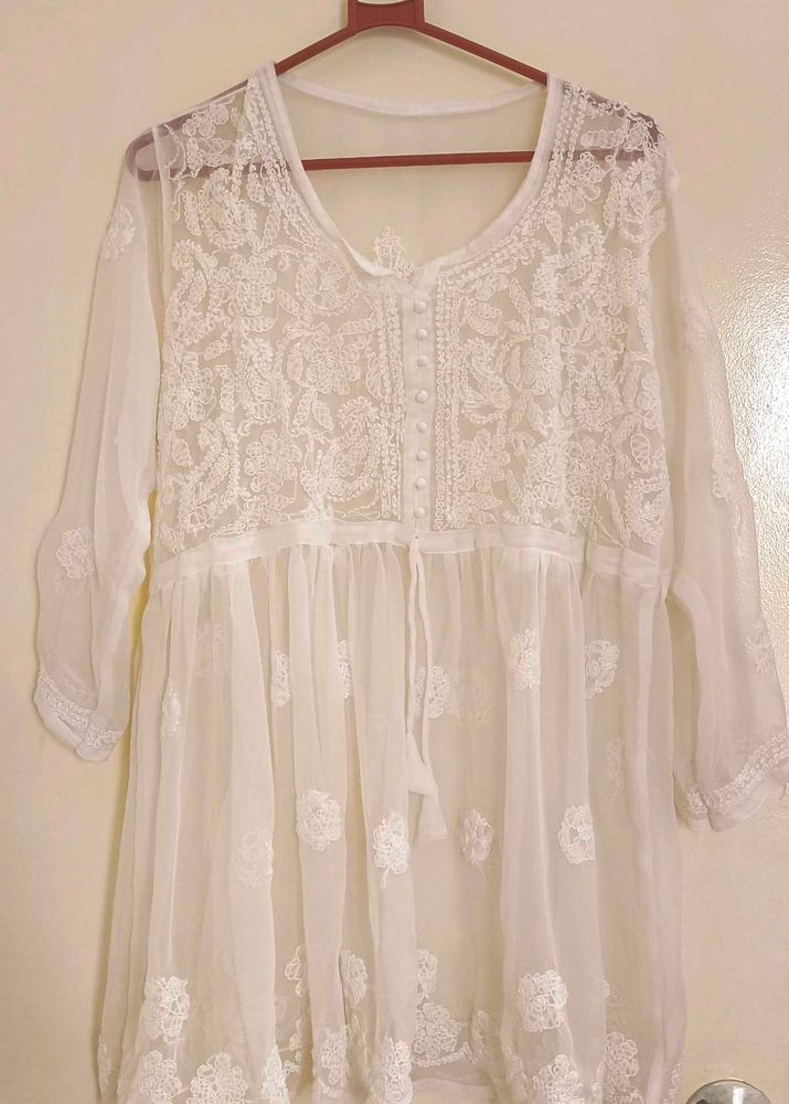 White Embroidered Sheer Tunic Top