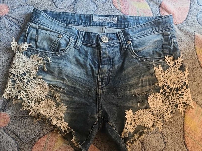 Denim Ripped Shorts with Lace