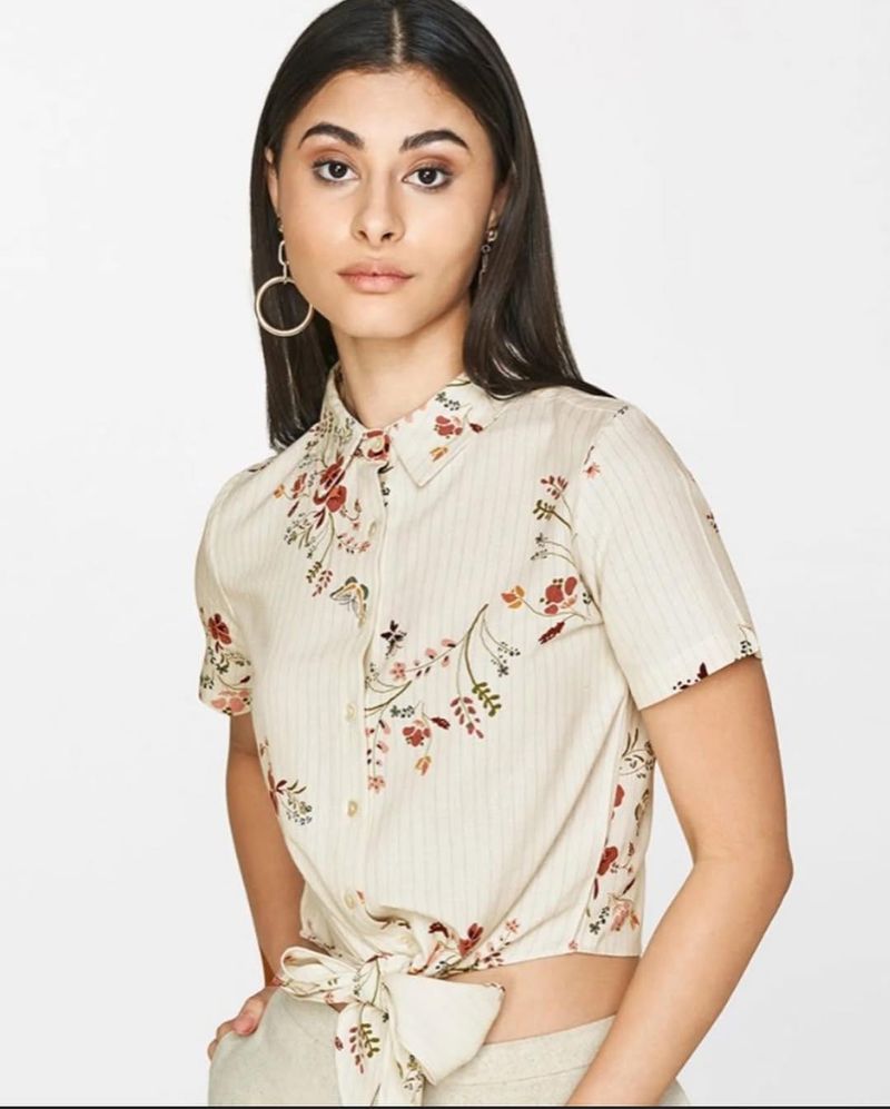 AND Half Sleeves Rayon Off White Tie-Up Shirt