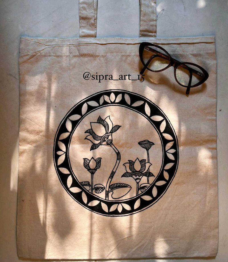 Hand-Painted Lotus Tote Bag