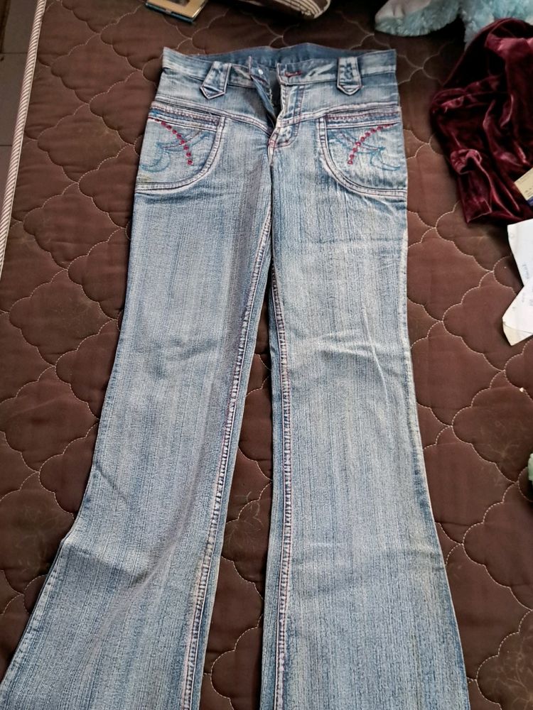 Denim Blue 90s Jean&#39;s Wirh Pink Thread Work